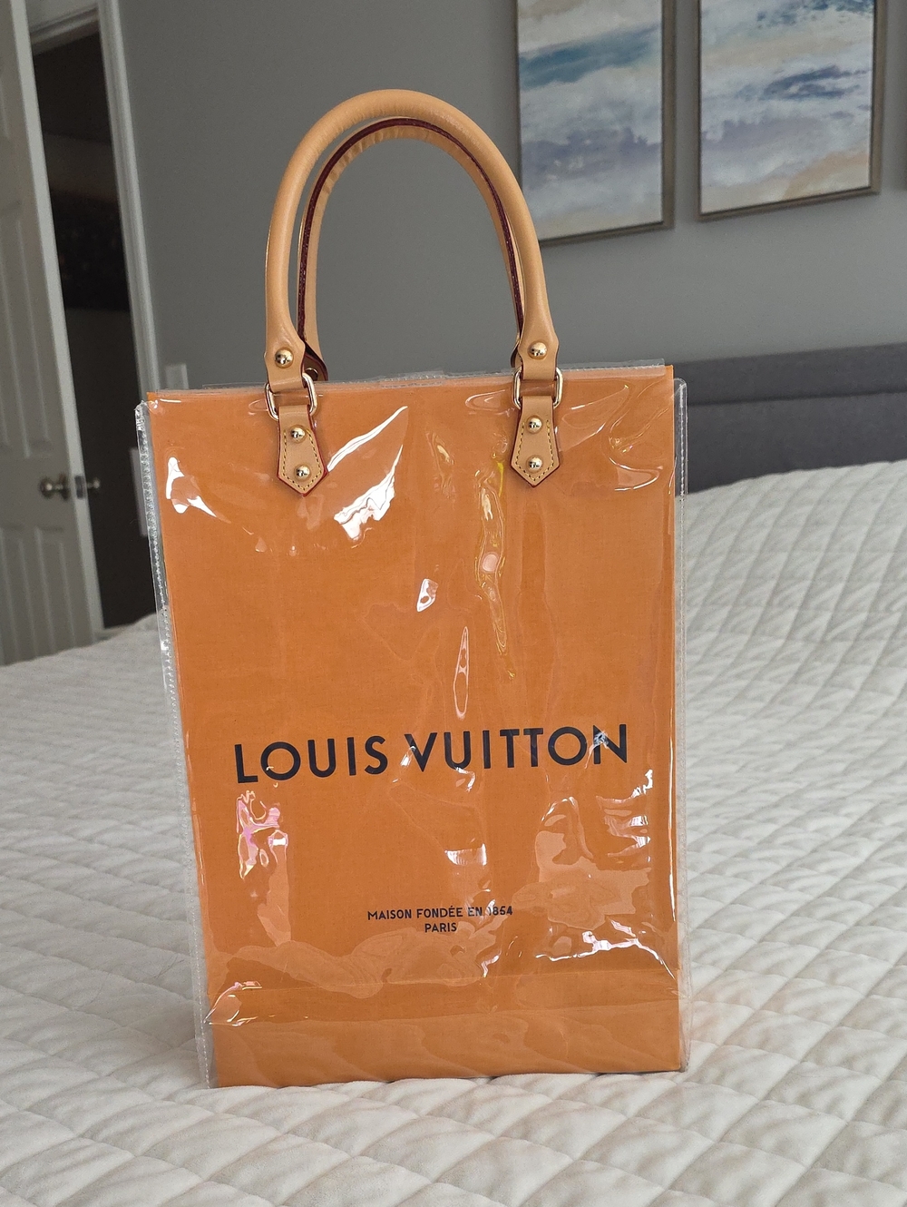 Hand Made Louis Vuitton Orange Clear Shopper Tote with Tan Handles